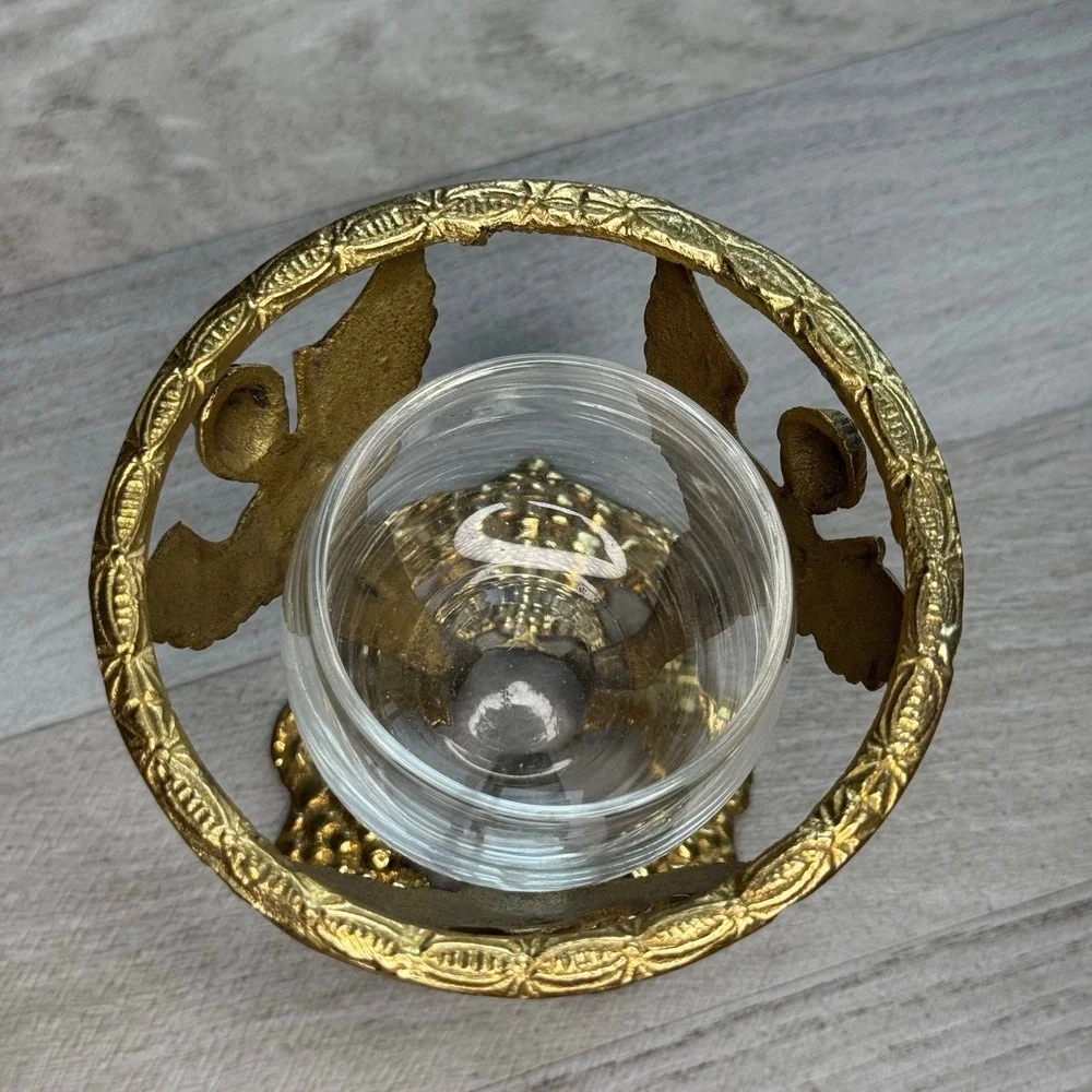 Ornate Angel Cherub‎ Candle Holder Glass Insert Brass Tone Tabletop Decor